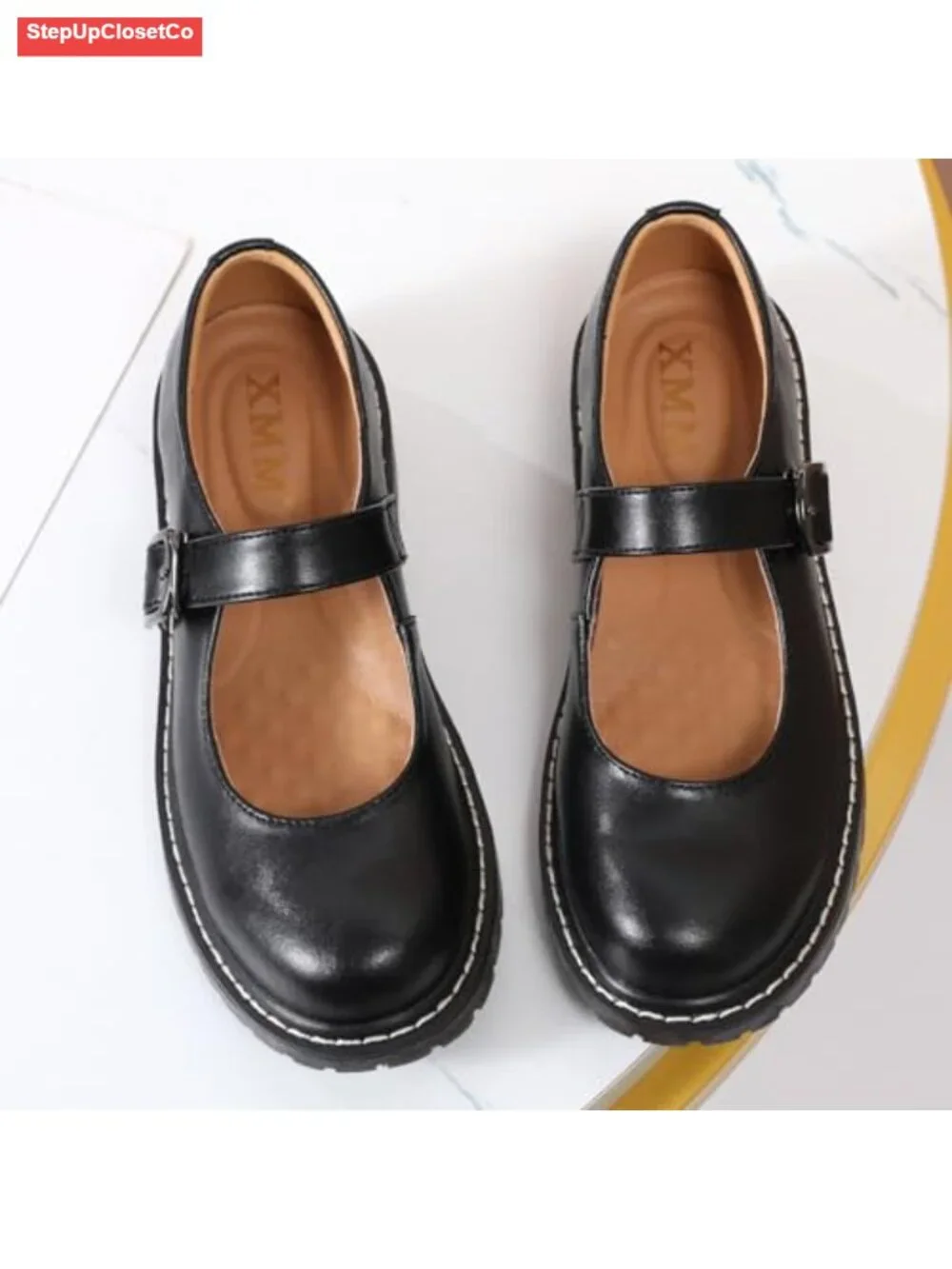 XMM Mary Jane Shoes Women Oxfords Leather Round Toe Flats Non-Slip Ankle Buckle